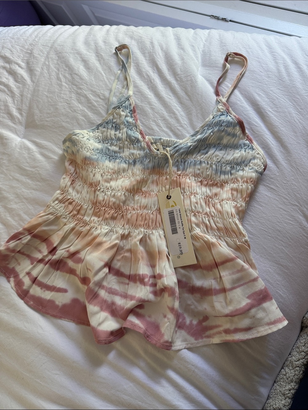 Smocked Tie-Dye Spaghetti Strap Tank Top - Cream & Pink